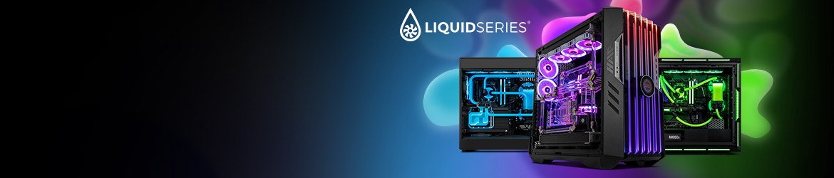 Liquid Series® Löydä suorituskyvyn ja tyylin huipentuma PCSpecialistin vesijäähdytteisistä Liquid Series® -tietokoneista.